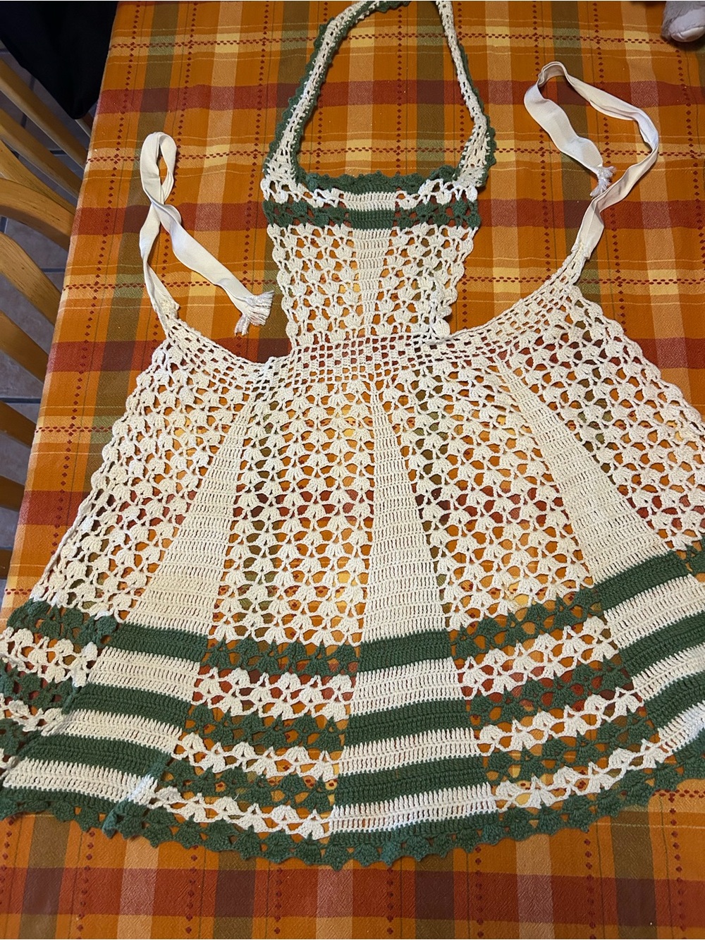 Vintage Retro Crocheted Apron White Green Stripes Coquette See Measurements